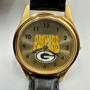 Vintage Greenbay Packers Watch Men Gold Tone NFL Football Black Band New Battery